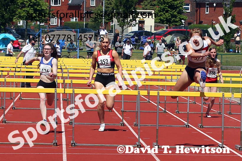 Womens under-20s 100 metres hurdles, 2021 Northern Senior and Under-20s Champs., Leigh. Photo: David T. Hewitson/Sports for All Pics